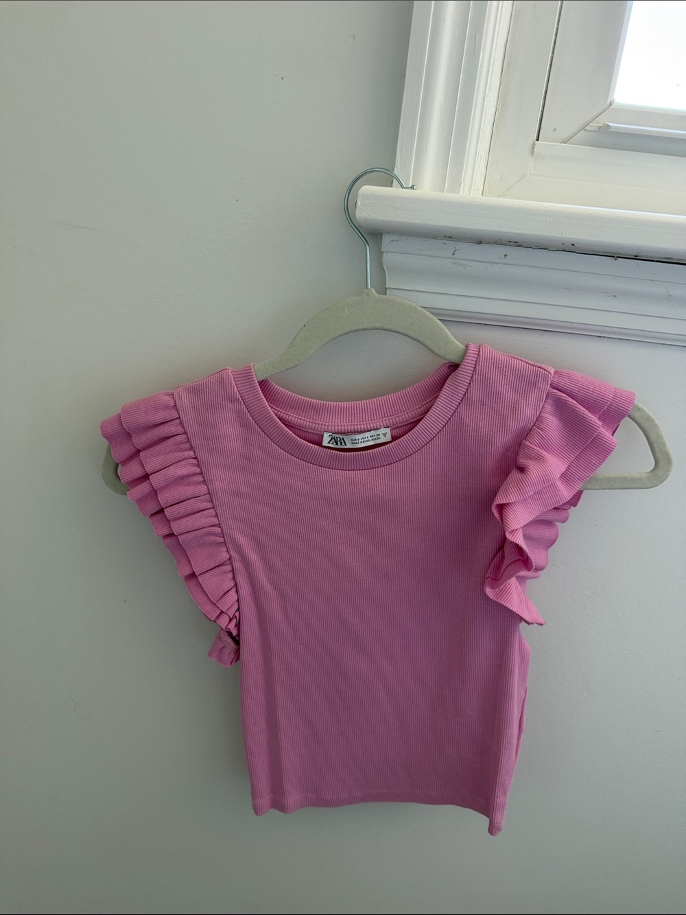 Zara Girls Pink Ruffle Sleeve Ribbed Tee